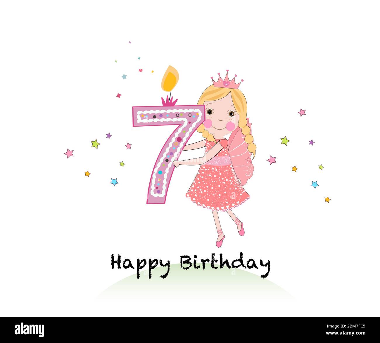 Happy seventh birthday candle. Girl greeting card with cute fairy tale ...