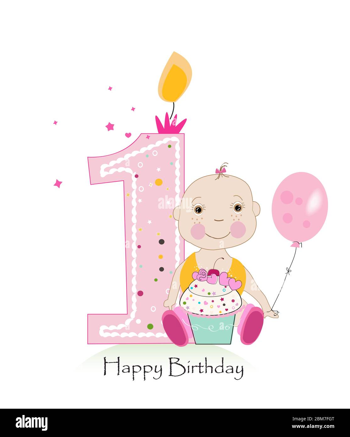 Happy first birthday greeting card. One candle with baby girl vector ...
