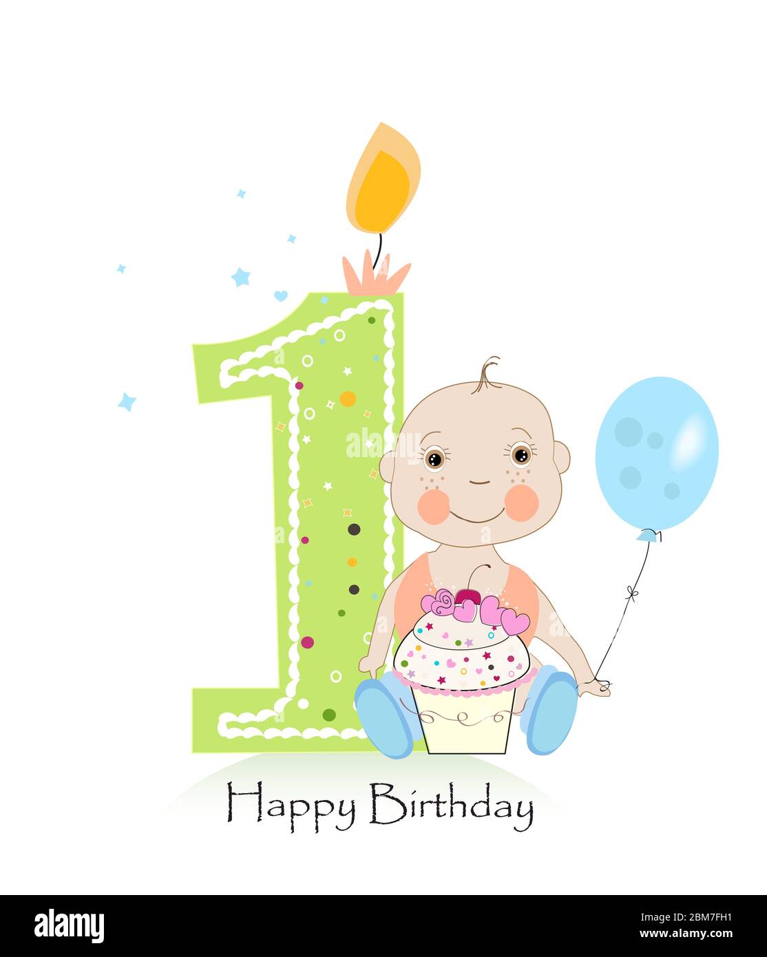 Happy first birthday greeting card. One candle with baby boy ...