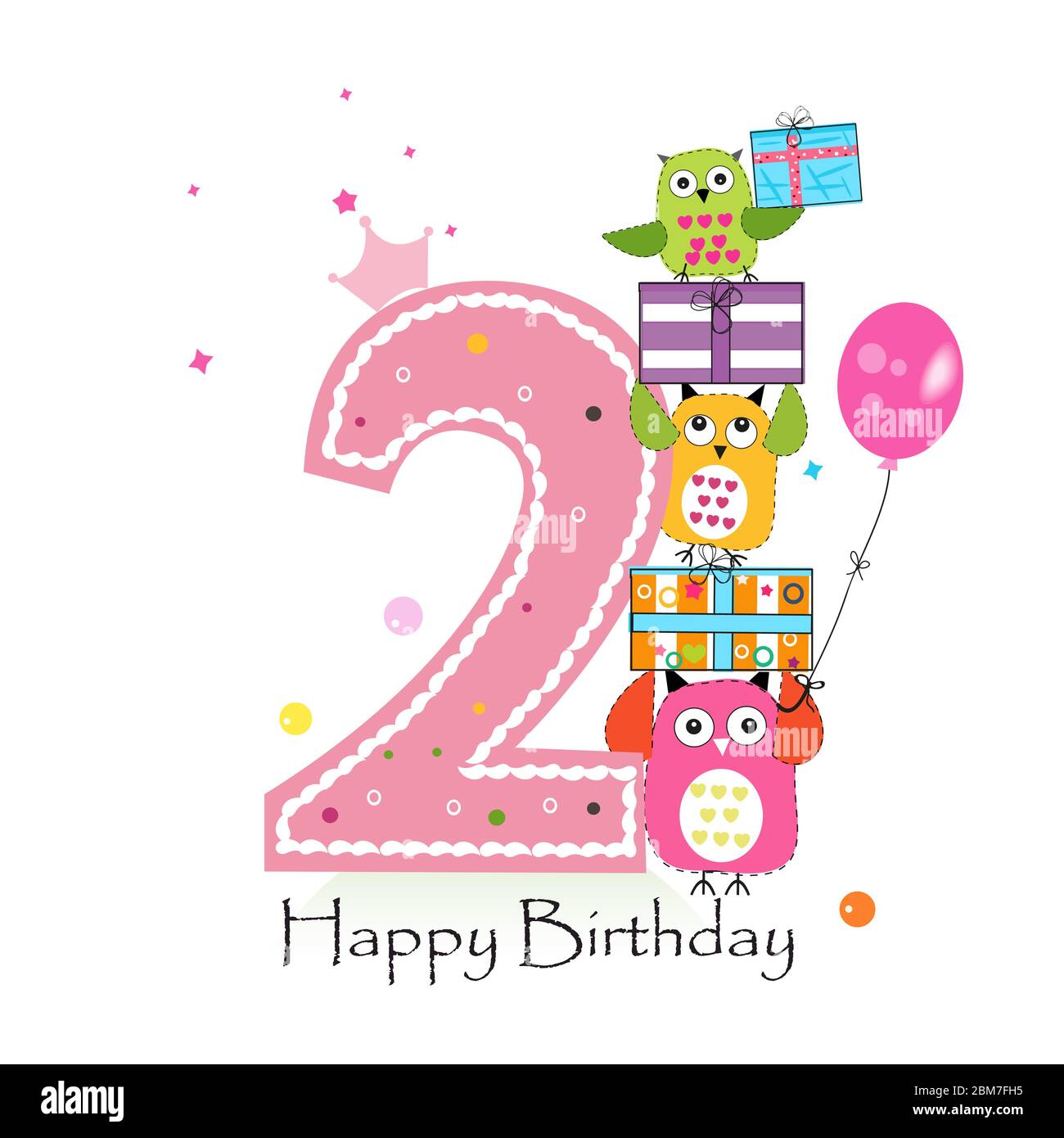 Happy second birthday with owls and gift box. Baby girl birthday