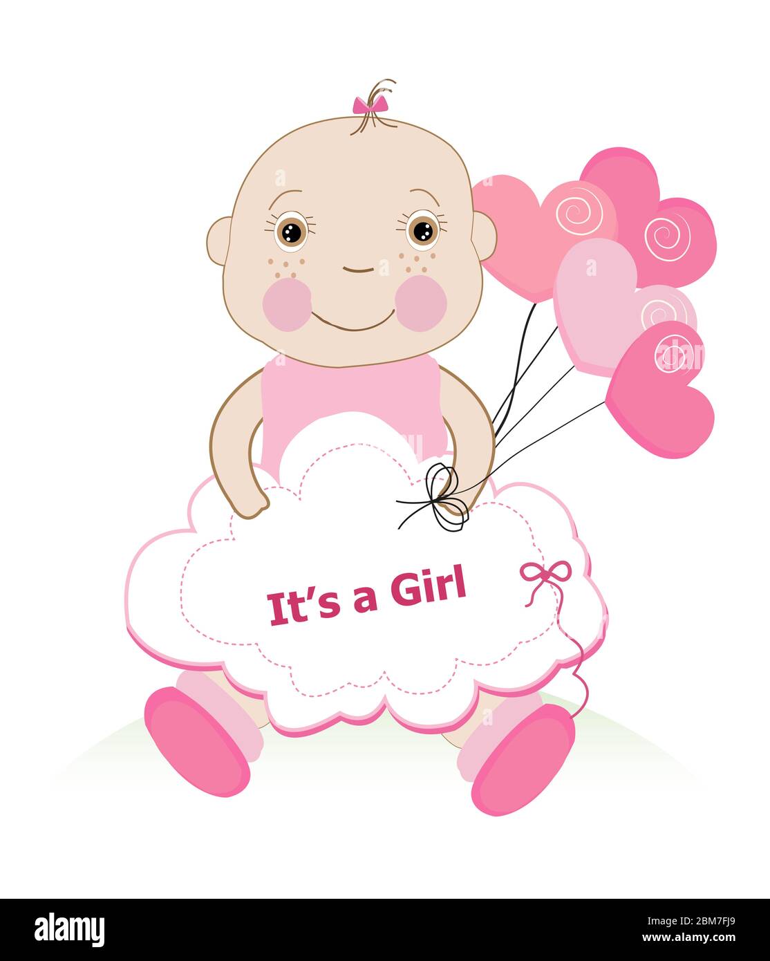 Baby shower greeting card with baby girl and hearts balloon vector ...