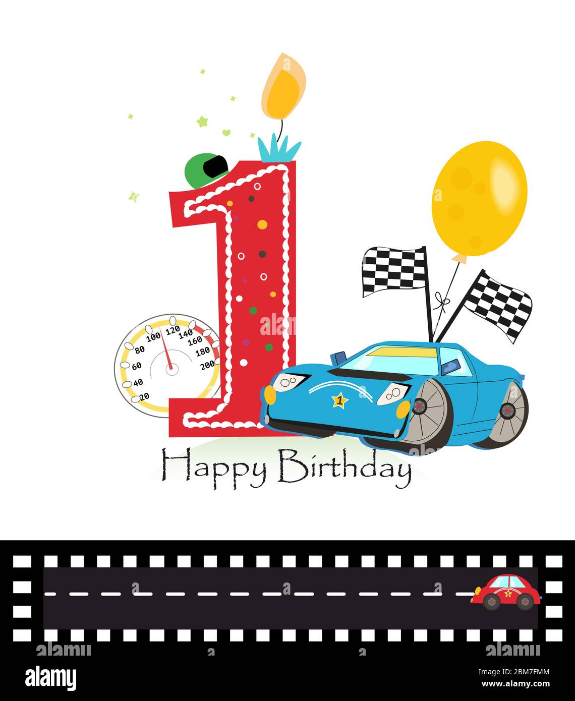 Happy First Birthday Candle Baby Boy Greeting Card With Car Vector Illustration Stock Vector Image Art Alamy