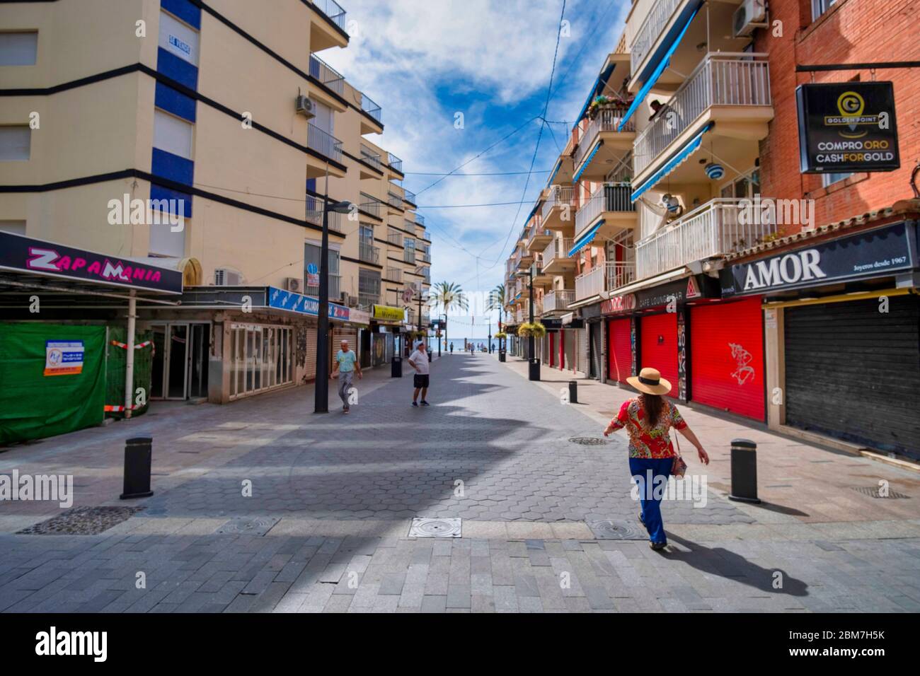 Benidorm, Alicante Spain, 4.5.2020, Corona crisis: closed restaurants and shops in the pedestrian area of the old town. Stock Photo