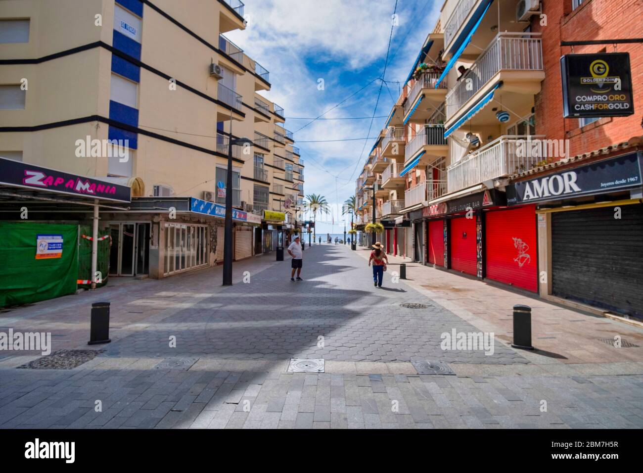 Benidorm, Alicante Spain, 4.5.2020, Corona crisis: closed restaurants and shops in the pedestrian area of the old town. Stock Photo