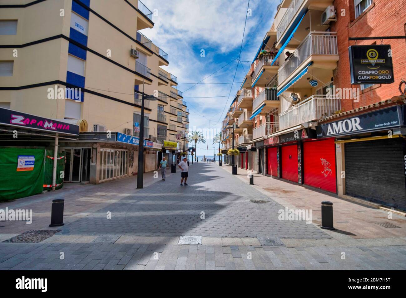 Benidorm, Alicante Spain, 4.5.2020, Corona crisis: closed restaurants and shops in the pedestrian area of the old town. Stock Photo