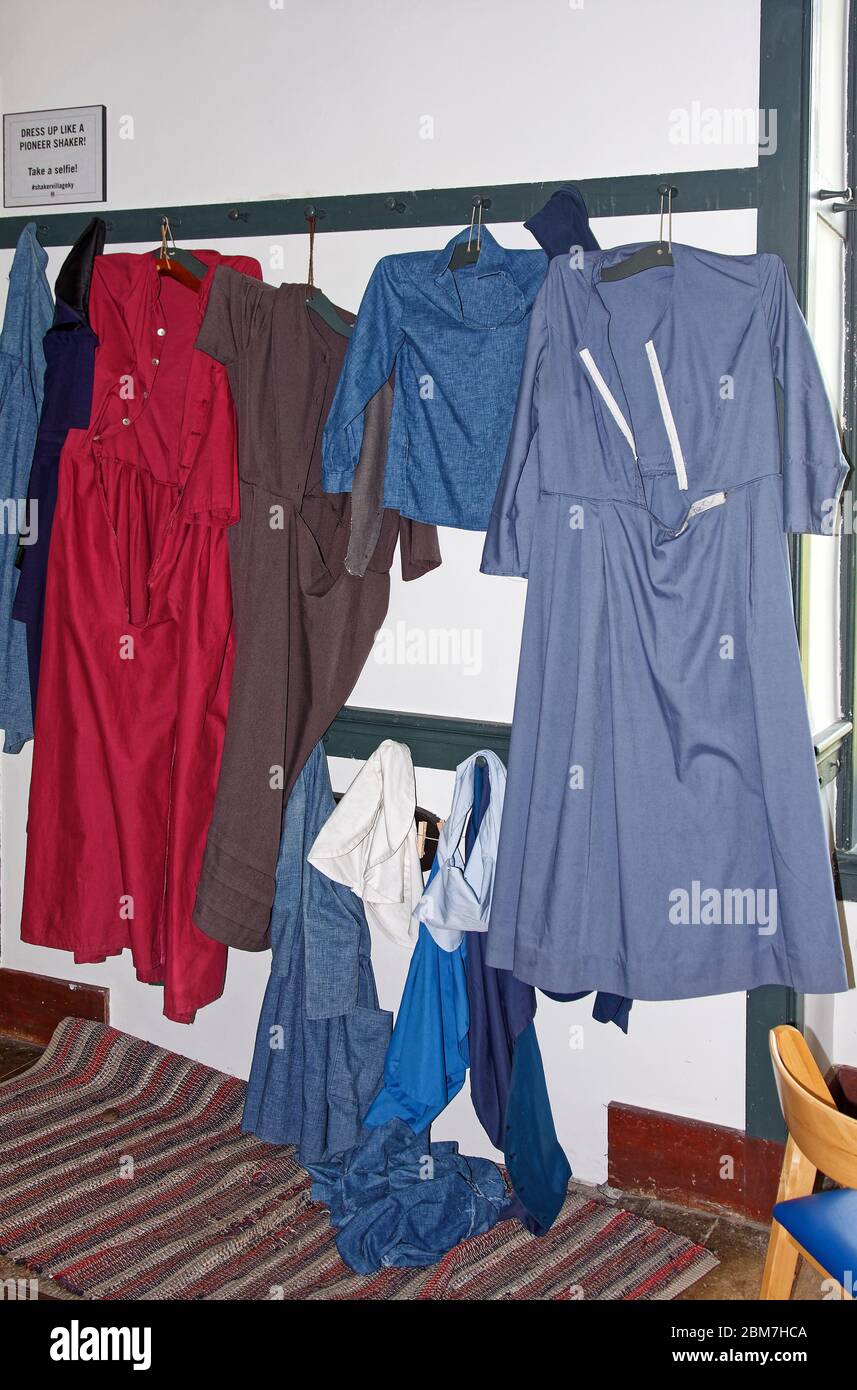 Shaker clothing replicas, for visitors to dress in, plain colors, simple style, cotton, Shaker Village of Pleasant Hill, defunct religious community; Stock Photo