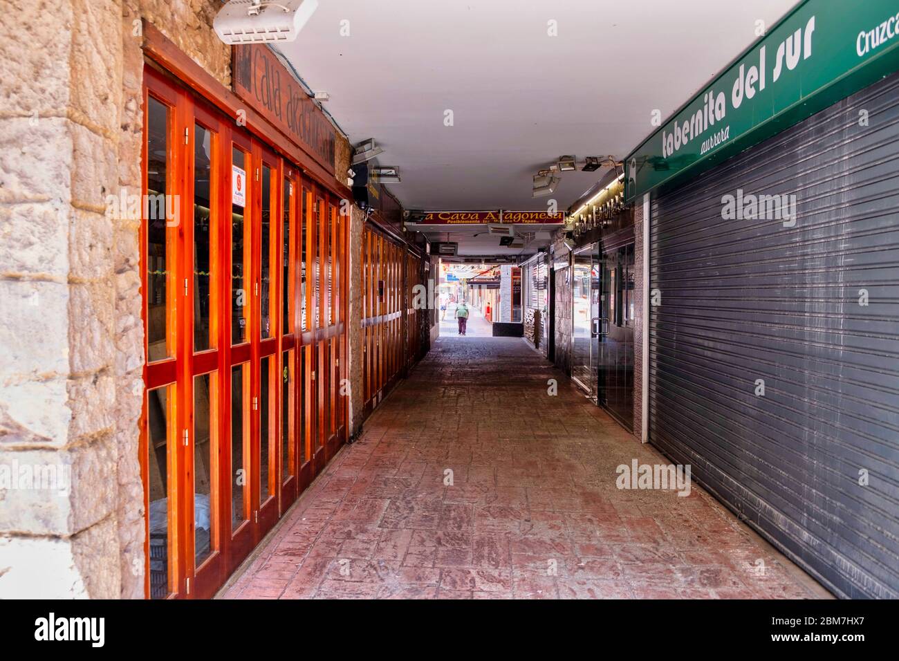 Benidorm, Alicante Spain, 4.5.2020, Corona crisis: closed tapas restaurants in a passage of the old town. usually the place is densely crowded with people at midday Stock Photo