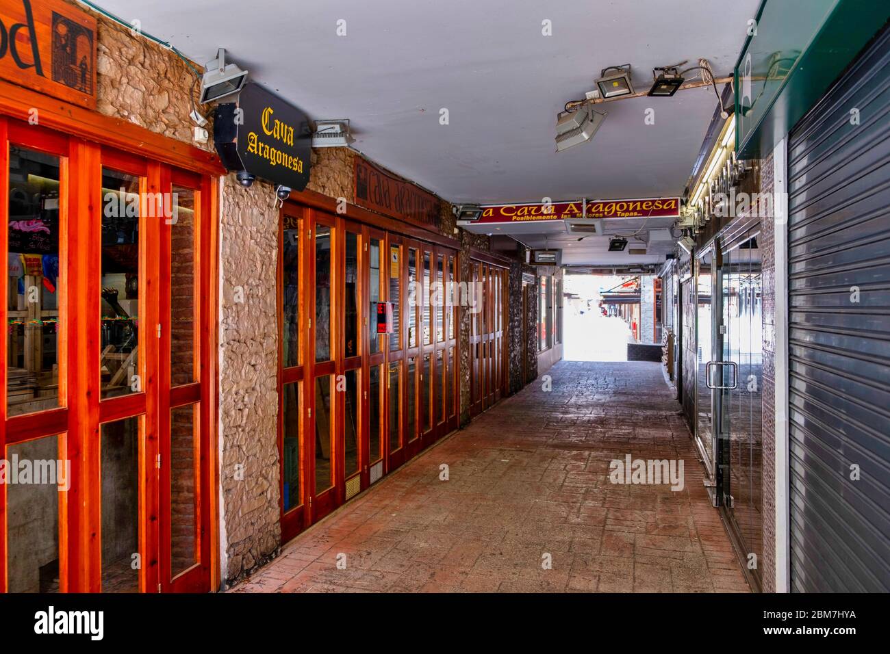 Benidorm, Alicante Spain, 4.5.2020, Corona crisis: closed tapas restaurants in a passage of the old town. usually the place is densely crowded with people at midday Stock Photo