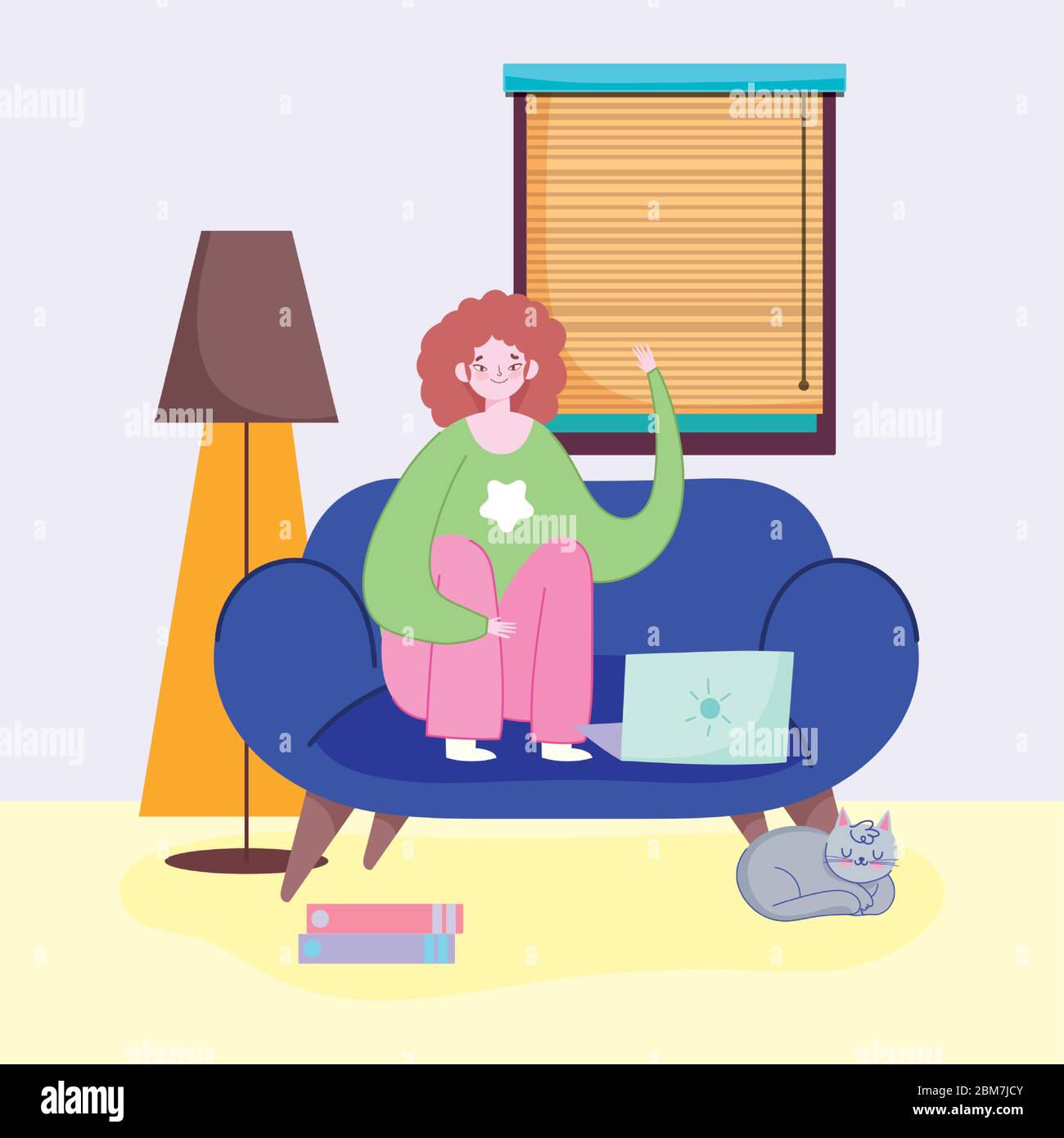 working remotely, young woman with laptop on sofa room cat window lamp ...