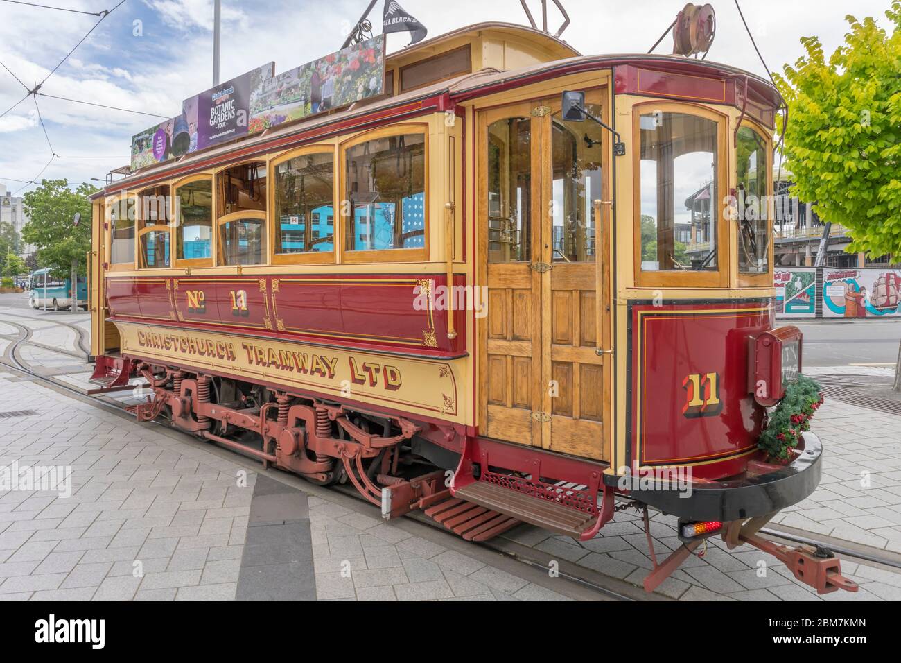 CHRISTCHURCH, NEW ZEALAND - December 03 2019: historical touristic tramway car, shot in bright spring cloudy light on december 03 2019 at Christchurch Stock Photo