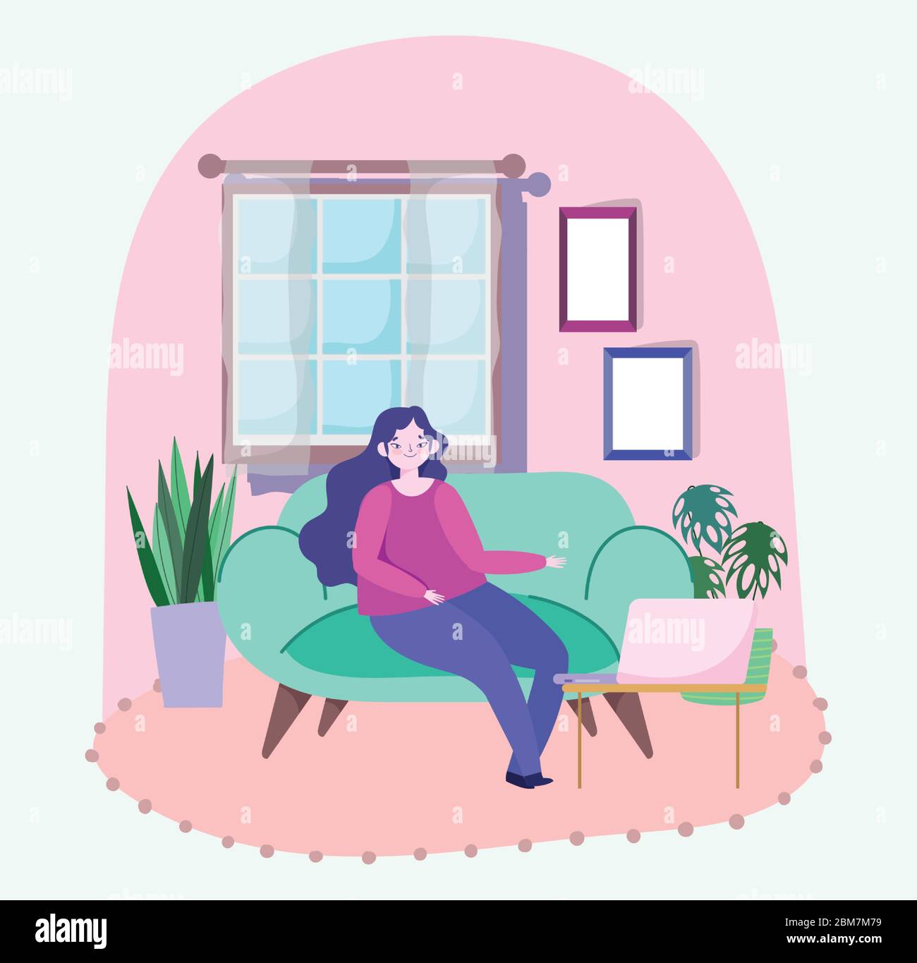 working remotely, young woman sitting on sofa with laptop room plants ...