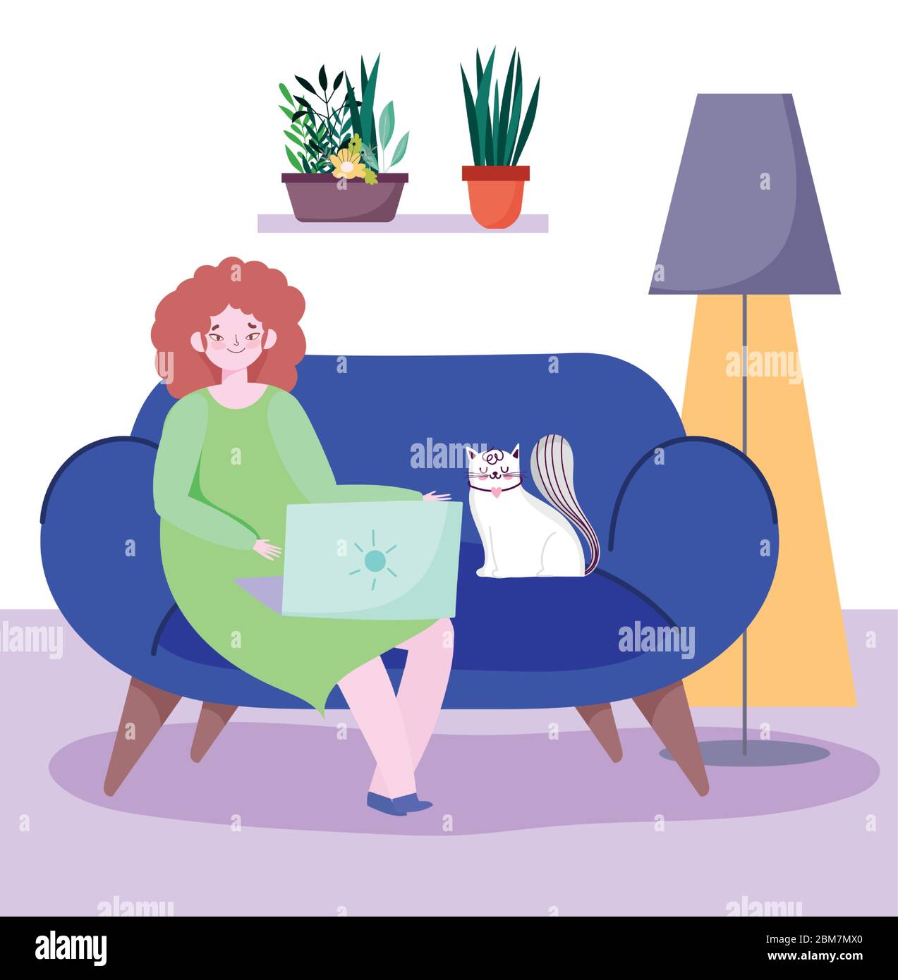 working remotely, young woman and cat on sofa with laptop vector ...