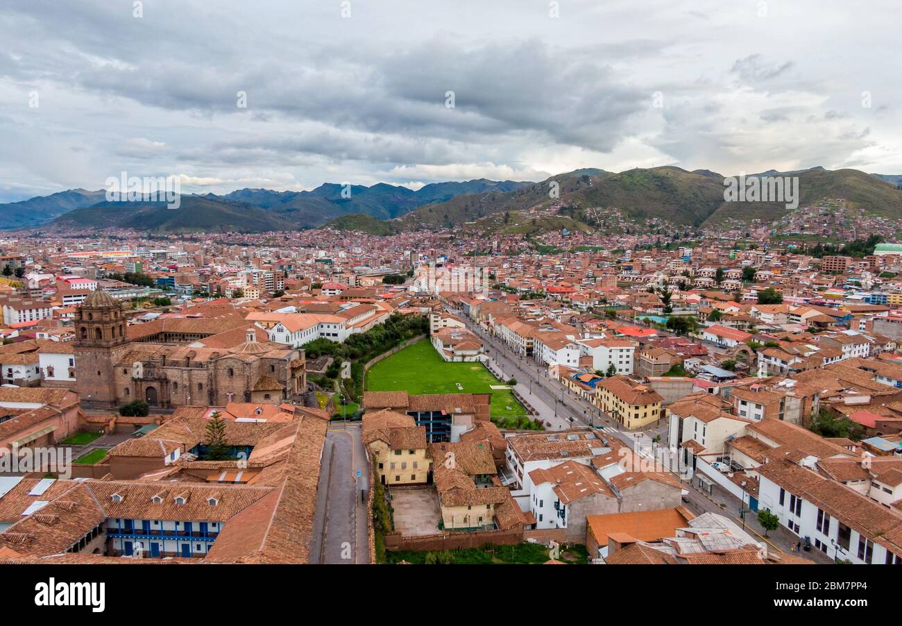 South aerial view over Avenida del Sol and Qorikancha church from Cusco, Peru Stock Photo