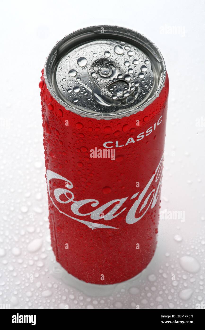 Russia, Republic of Bashkortostan, Mrakovo, - May 07, 2020: Coca-Cola aluminum can. White background. Water drops. Partly blurred. Close-up. Stock Photo
