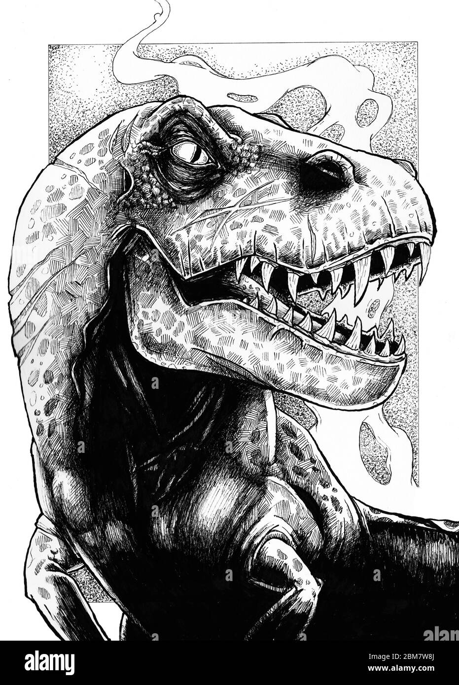 Traditional pen and ink illustration of a close up of a t-rex in black and white Stock Photo