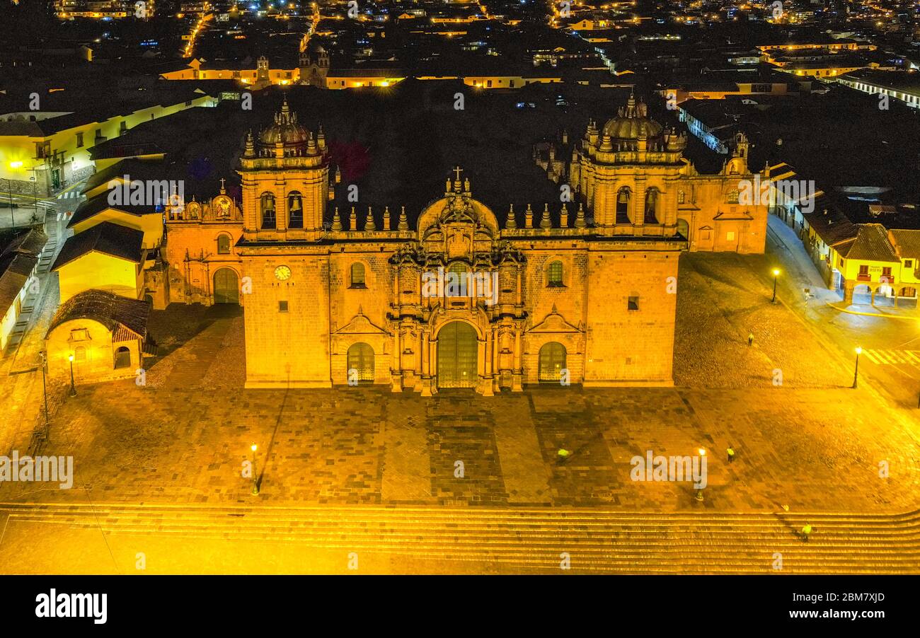 Night aerial view over Cusco Cathedral from Peru during Coronavirus lockdown Stock Photo
