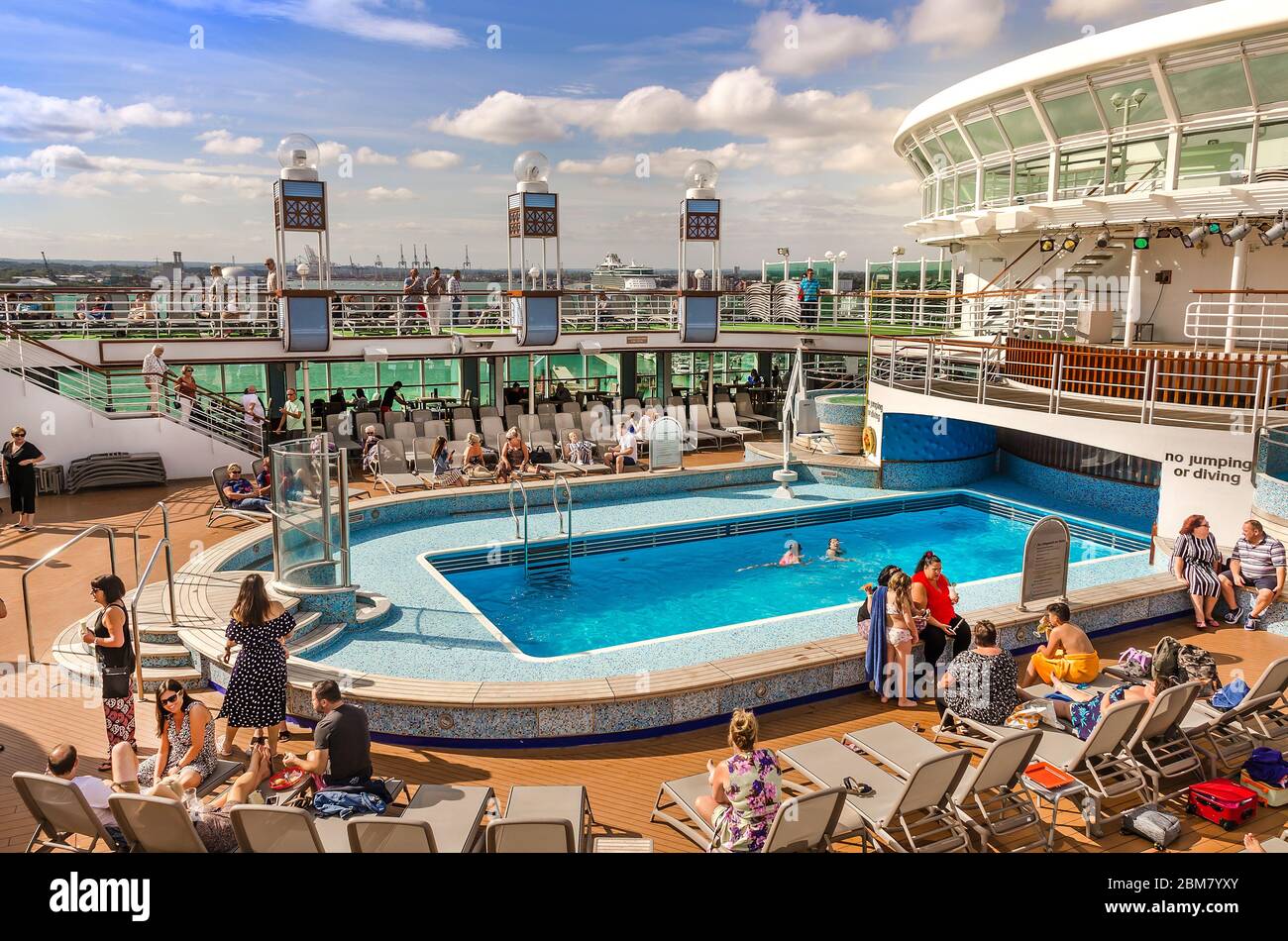 SOUTHAMPTON, UK AUG. 30, 2019 Luxury ‘Ventura’ of P&O cruises company sail away from