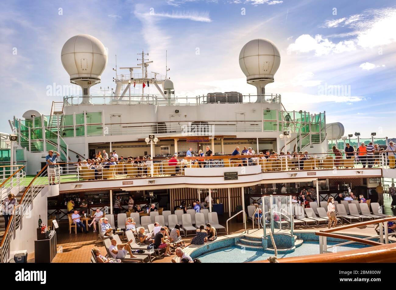 SOUTHAMPTON, UK AUG. 30, 2019 Luxury ‘Ventura’ of P&O cruises company sail away from