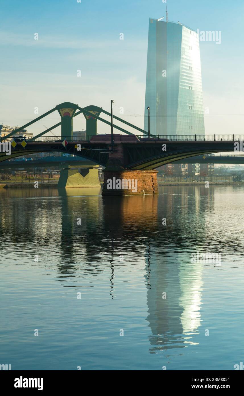 Bridges across the Main with the newly-built headquarters of the European Central Bank (ECB) in Frankfurt am Main, Hesse, Germany. Stock Photo