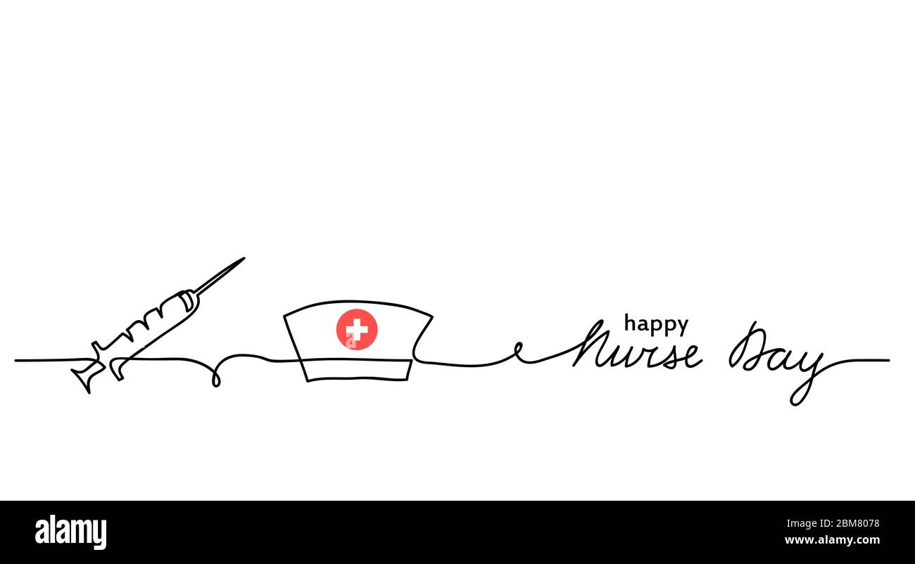 Happy Nurse Day simple vector background with syringe, nurse cap or hat. Minimalist web banner. Nurse day lettering. One continuous line drawing Stock Vector