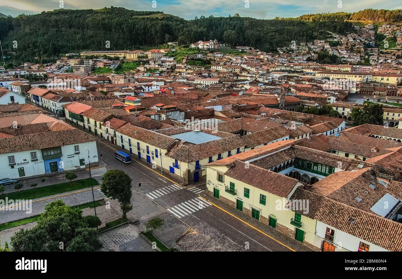 Daytime aerial view over Granada street and city center of Cusco, Peru during coronavirus lockdown Stock Photo
