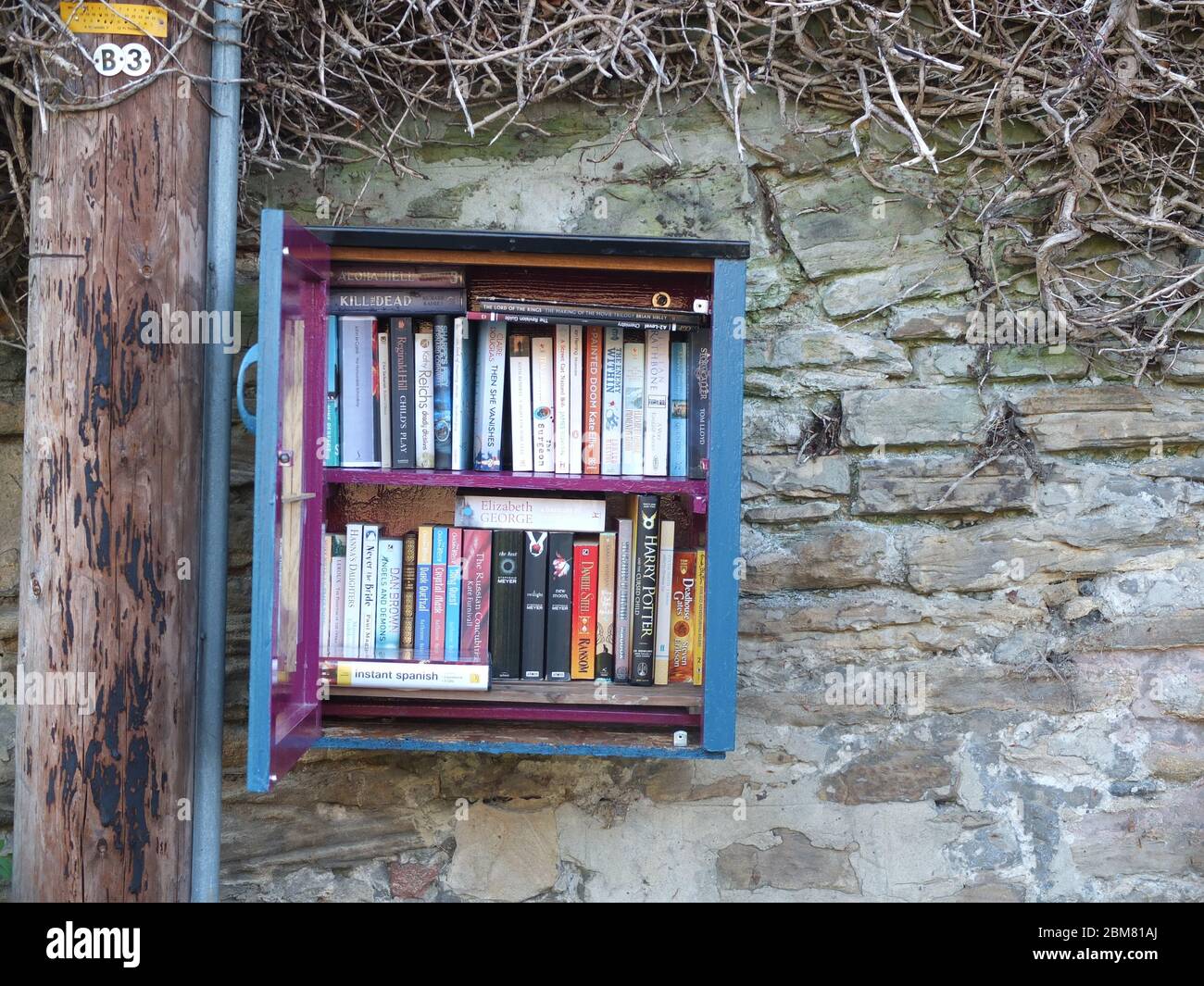 A box containing a free book exchange set up on the wall of a house in