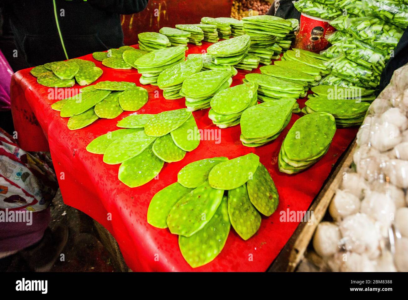 Cleaned and fresh nopales for sale in market store food Stock Photo