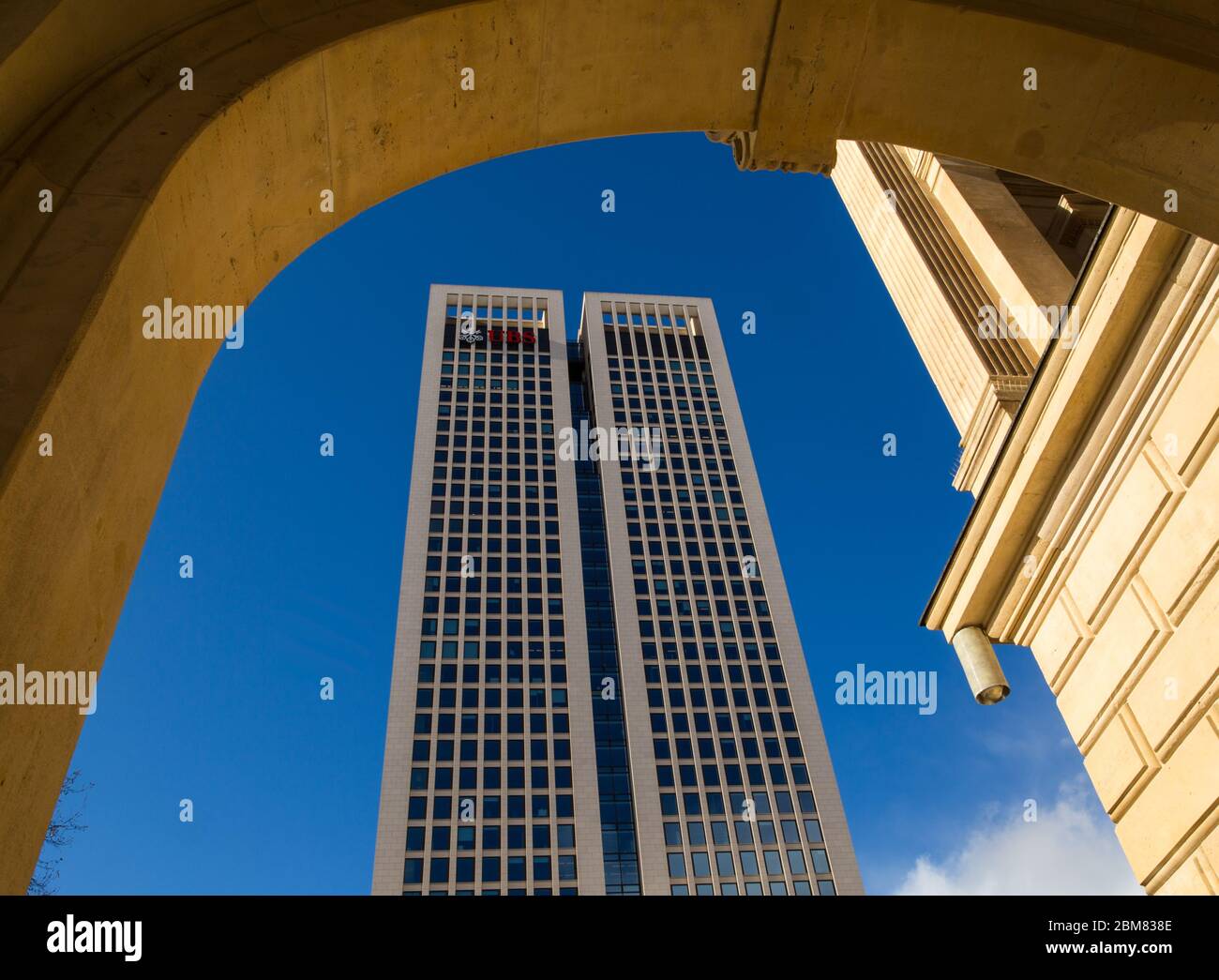 Financial business towers in Frankfurt am Main, seen from the arched portico of the Alte Oper. Stock Photo
