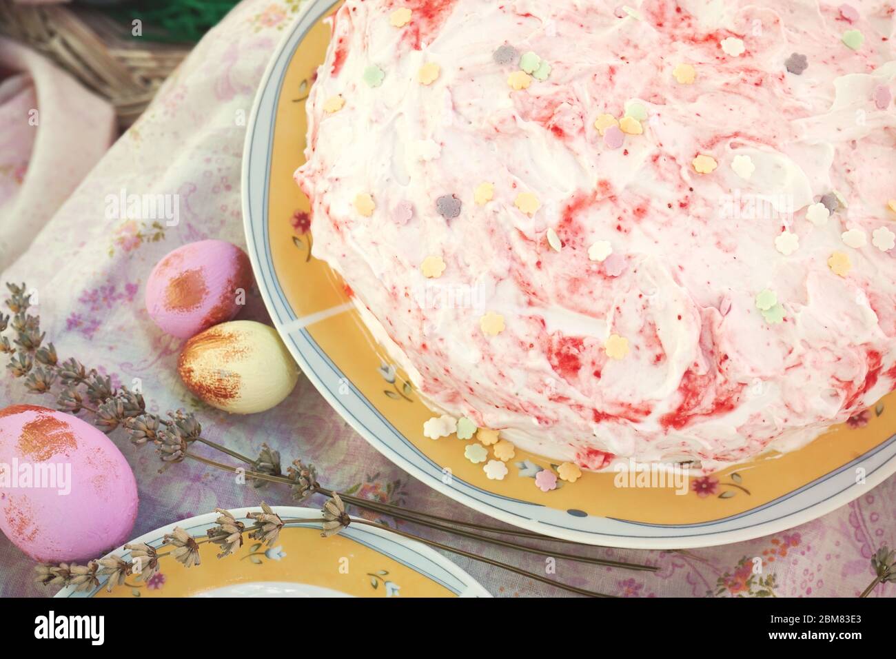 Home made strawberry cake. Easter celebration. Stock Photo