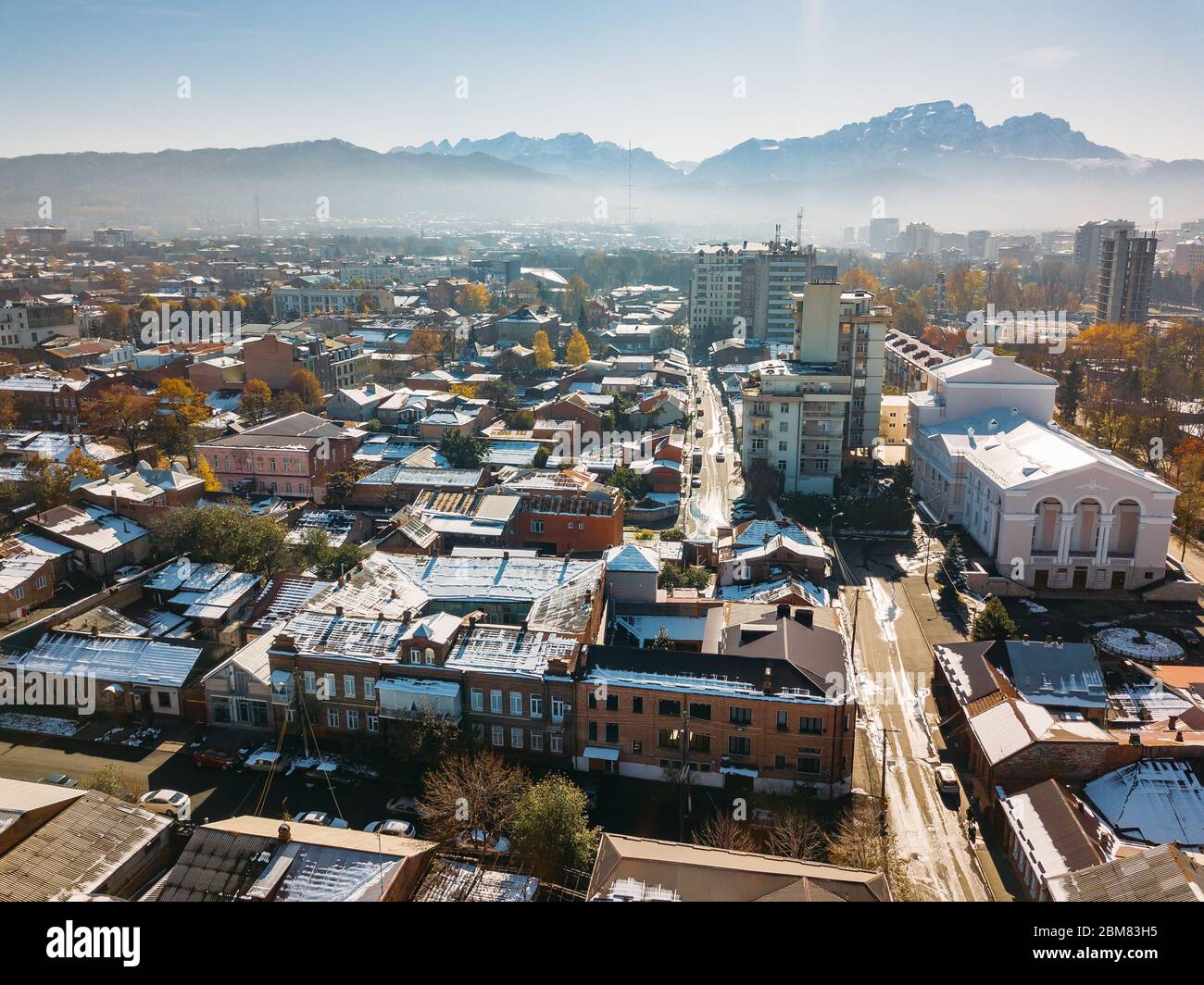 Vladikavkaz, capital of North Ossetia. Panorama of historical downtown from drone flight Stock Photo