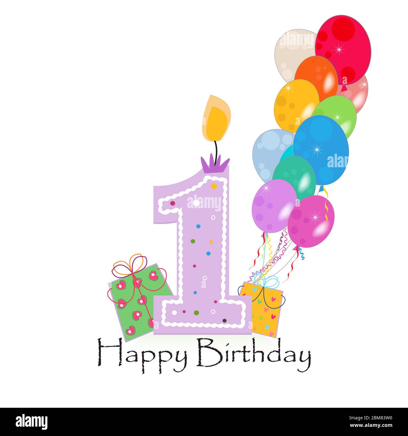Happy first birthday candle vector with colorful confetti and balloons