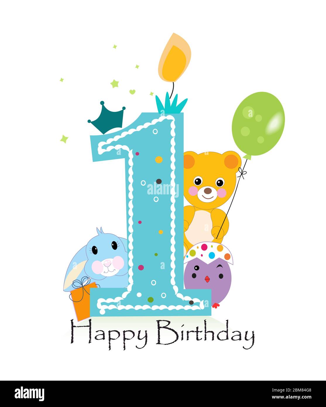 Happy first birthday candle. Baby boy greeting card with bunny, chick ...