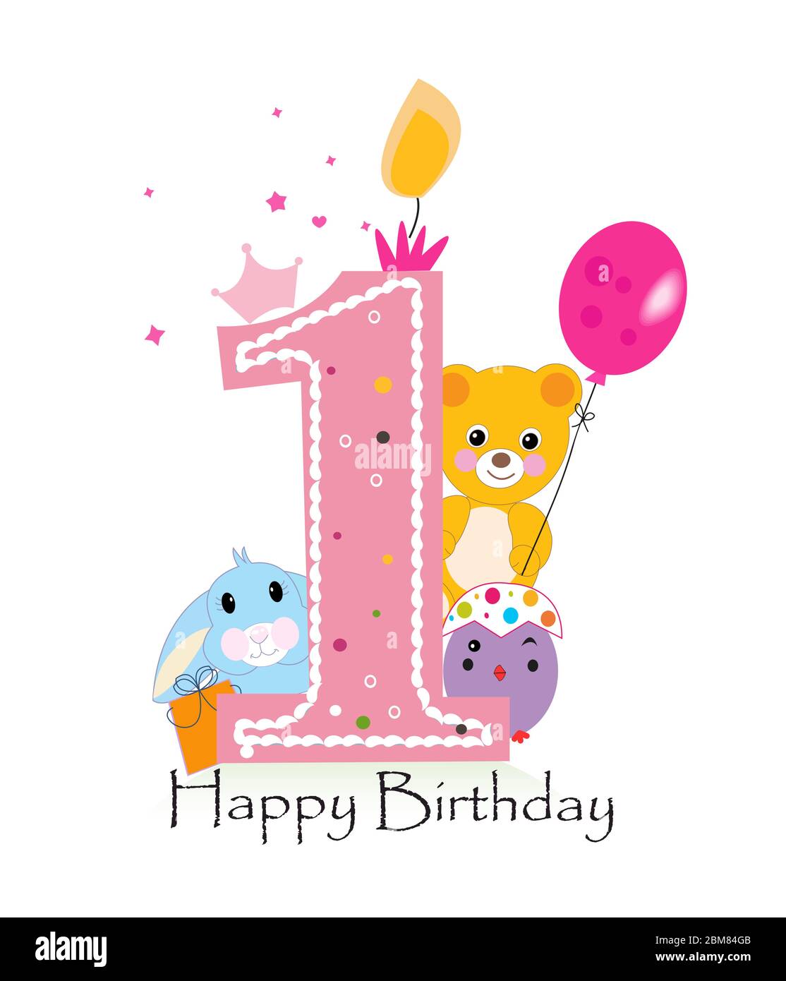 Happy First Birthday Candle Baby Girl Greeting Card With Bunny Chick And Teddy Bear Vector Stock Vector Image Art Alamy