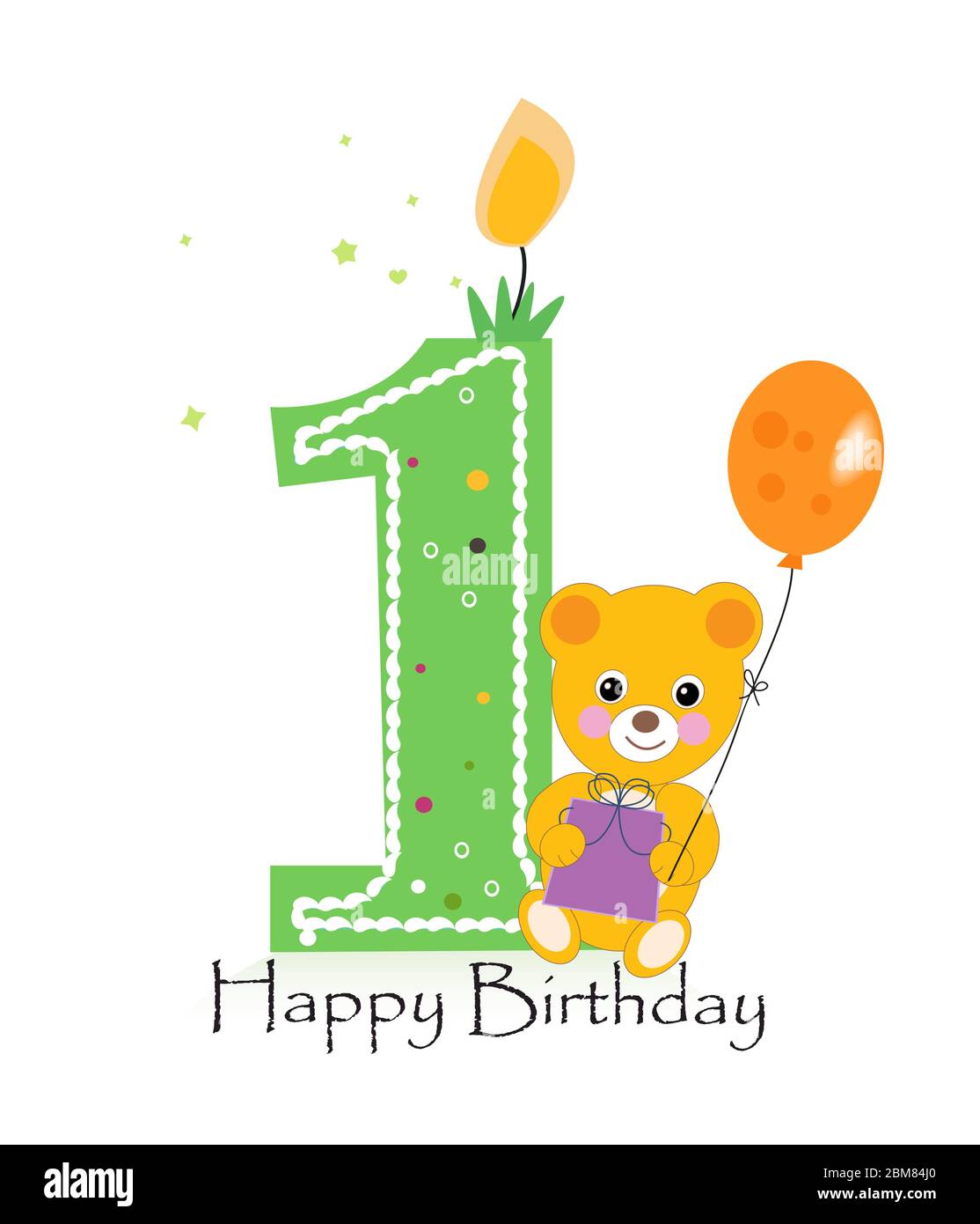 Happy first birthday candle. Baby birthday greeting card with teddy ...