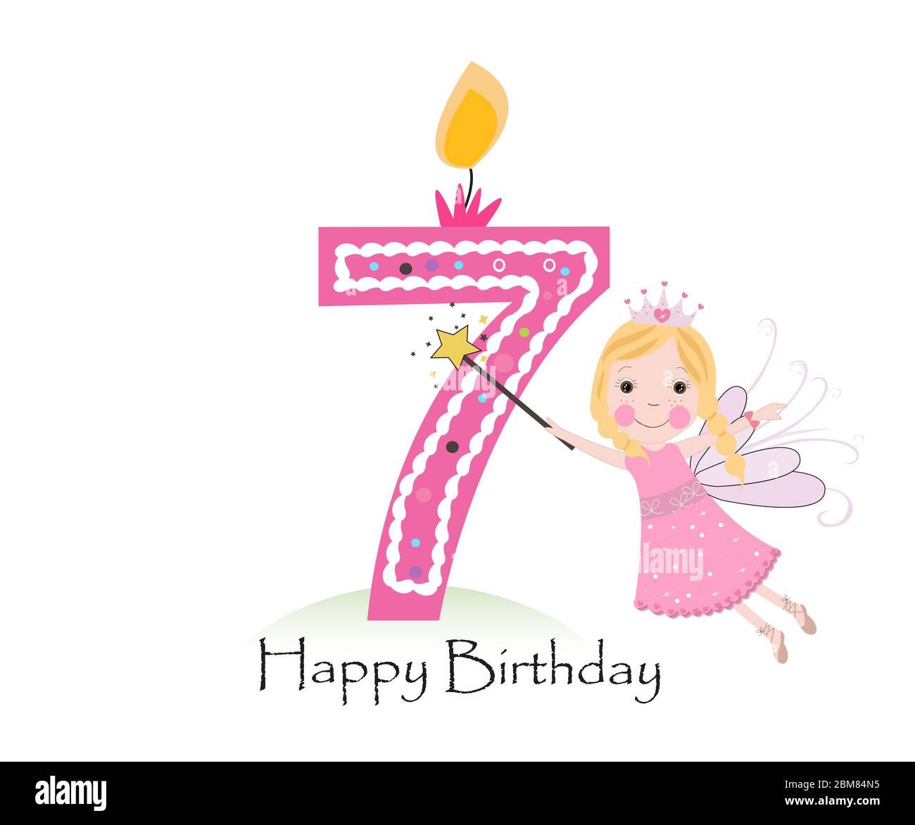 Happy seventh birthday candle. Baby girl greeting card with fairy tale ...