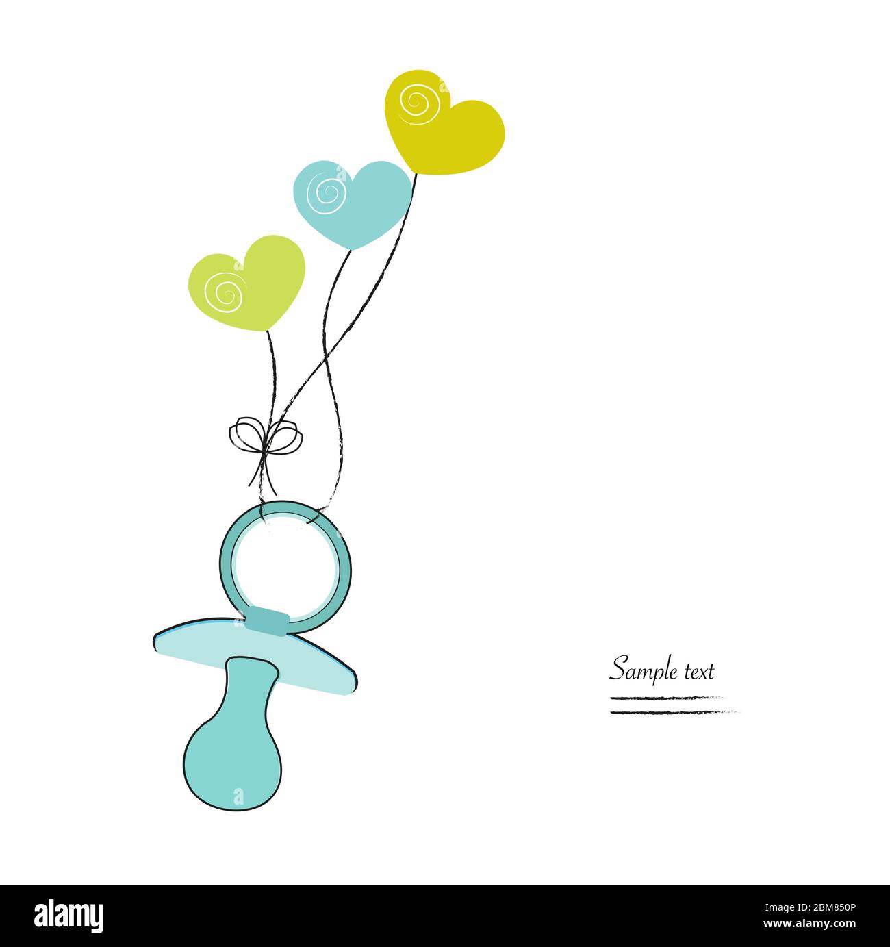 Baby boy green soother and hearts greeting card illustration Stock ...