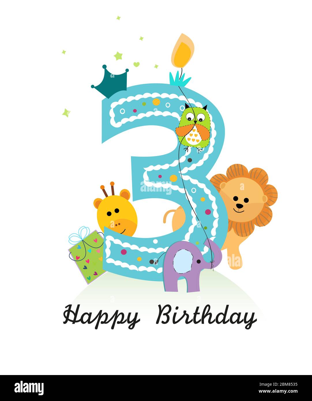 Happy third birthday with animals baby boy greeting card vector Stock ...