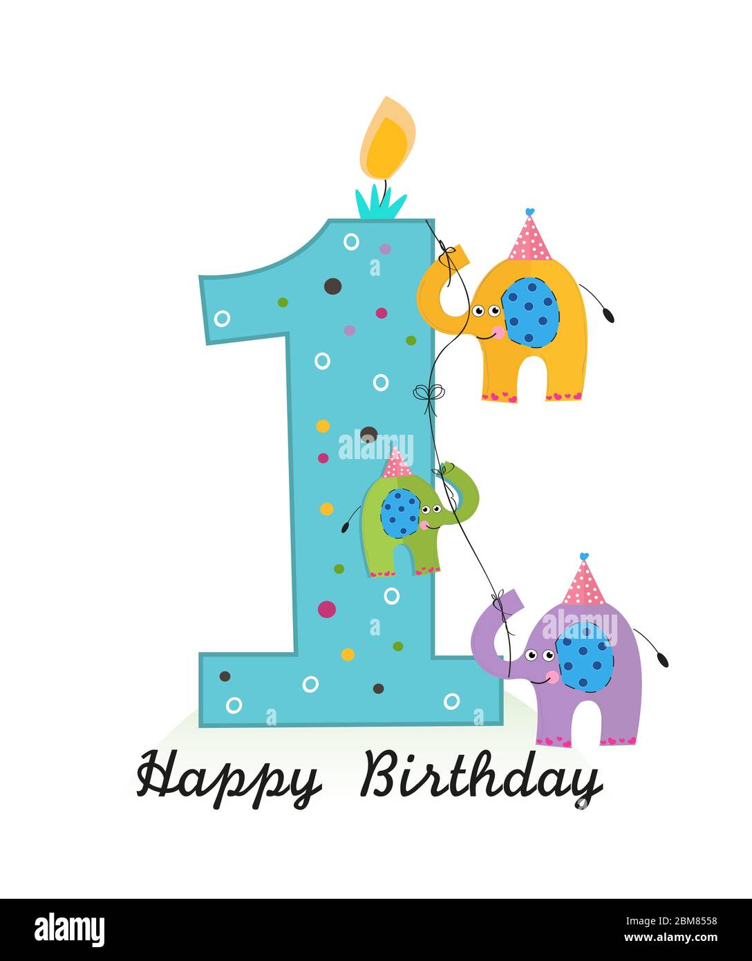 Happy first birthday with elephants baby boy greeting card vector ...