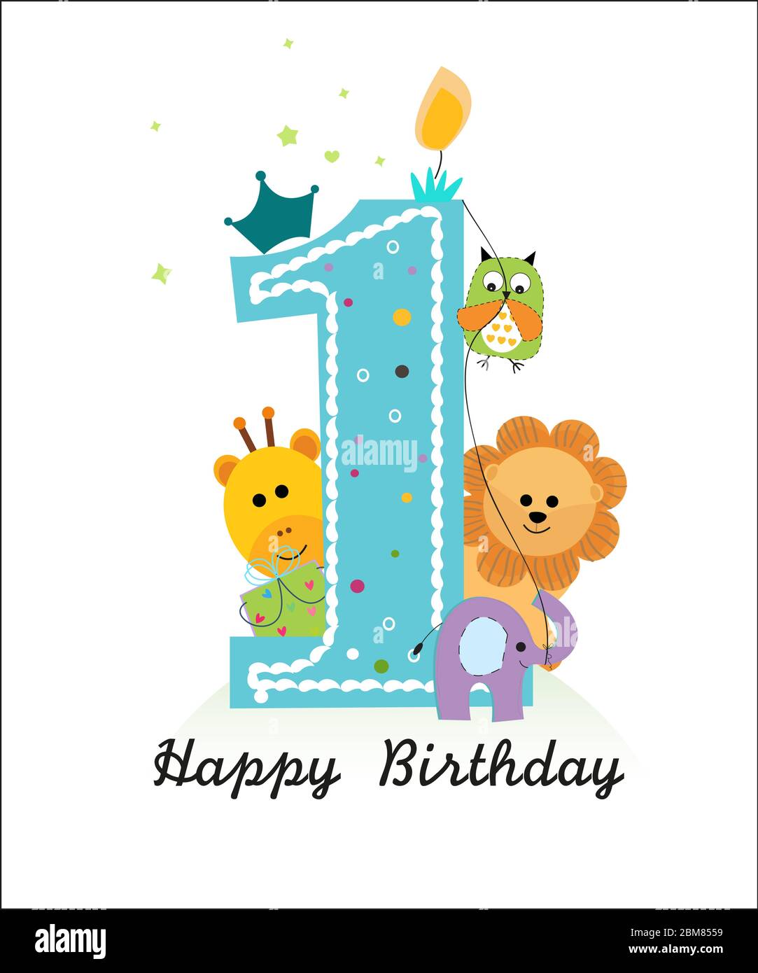 Happy first birthday with animals baby boy greeting card vector Stock ...