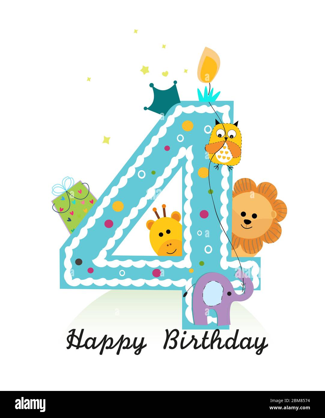 Happy fourth birthday with animals baby boy greeting card vector Stock ...