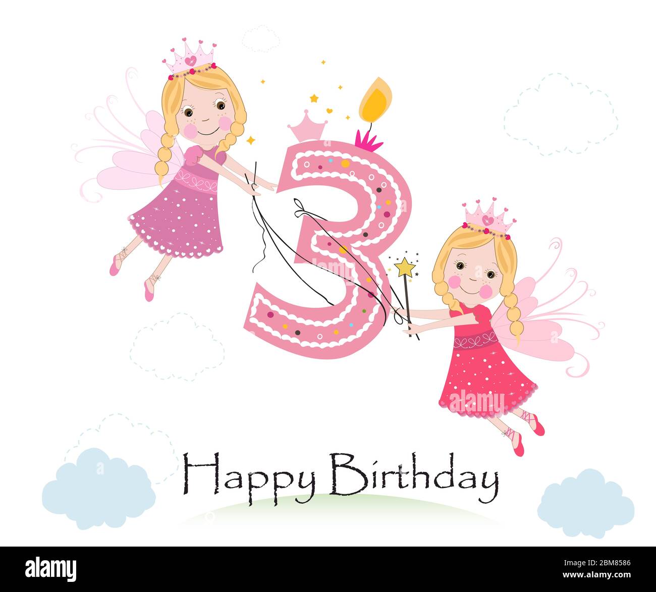 Happy third birthday with cute fairy tale greeting card vector Stock ...