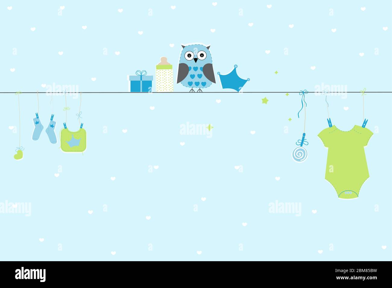 Baby shower greeting card. Baby boy symbols with owl vector ...