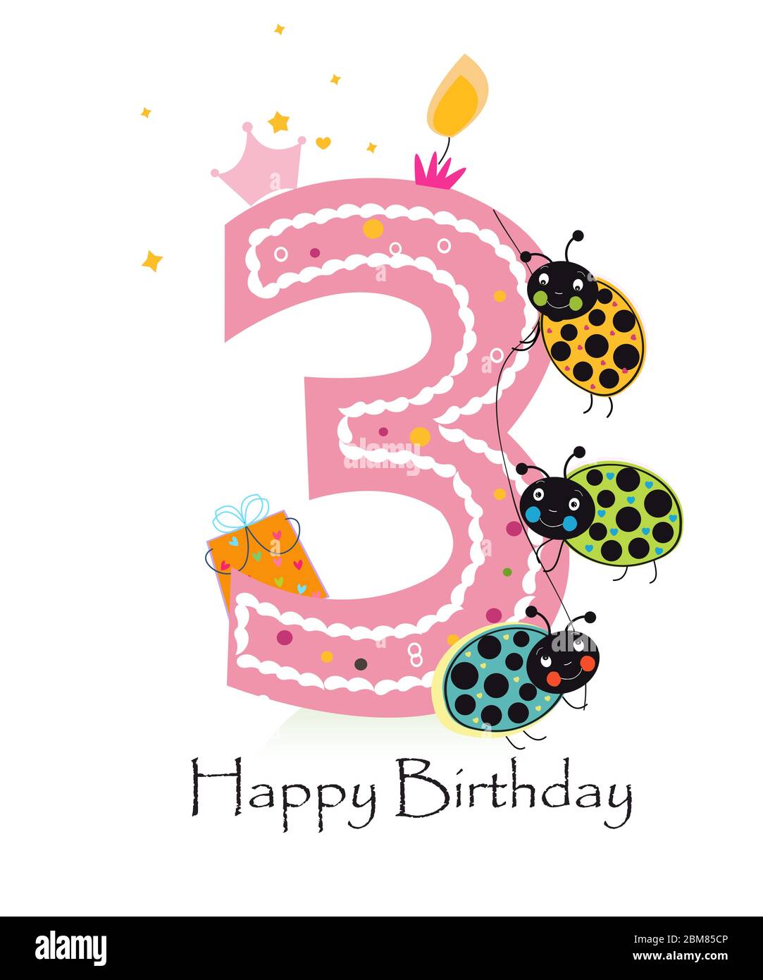 Happy third birthday with ladybird baby girl greeting card vector Stock ...