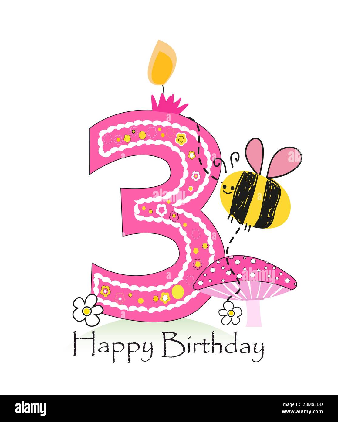 Happy third birthday candle. Baby girl greeting card with bee and ...