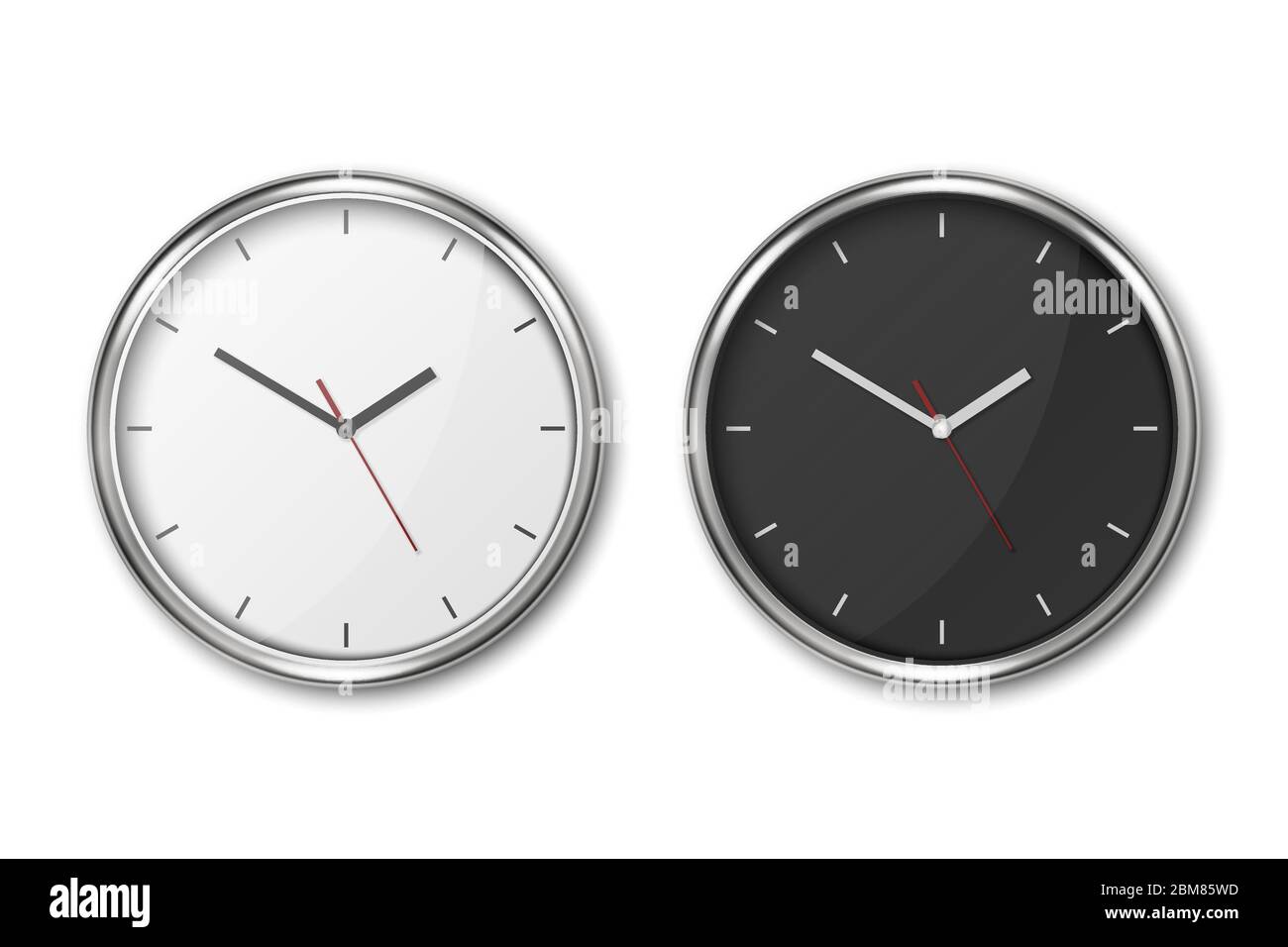 Vector 3d Realistic Simple Round Wall Office Clock Set. White and Black