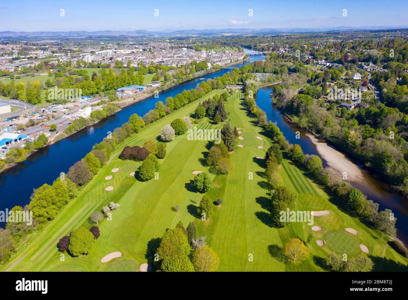 Aerial view of King James VI Golf Club golf course closed during Covid-19 lockdown, on Moncreiffe Island in River Tay, Perth, Scotland, UK Stock Photo