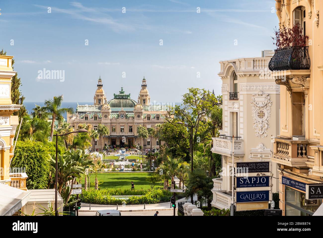 Monaco, Monte-Carlo, 02 October 2019: Casino Monte Carlo, main sight of the principality casino surrounded of the green trees, the updated facade Stock Photo