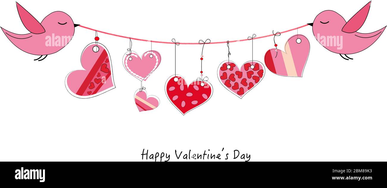 Happy Valentine's Day card with birds hanging doodle heart vector background Stock Vector
