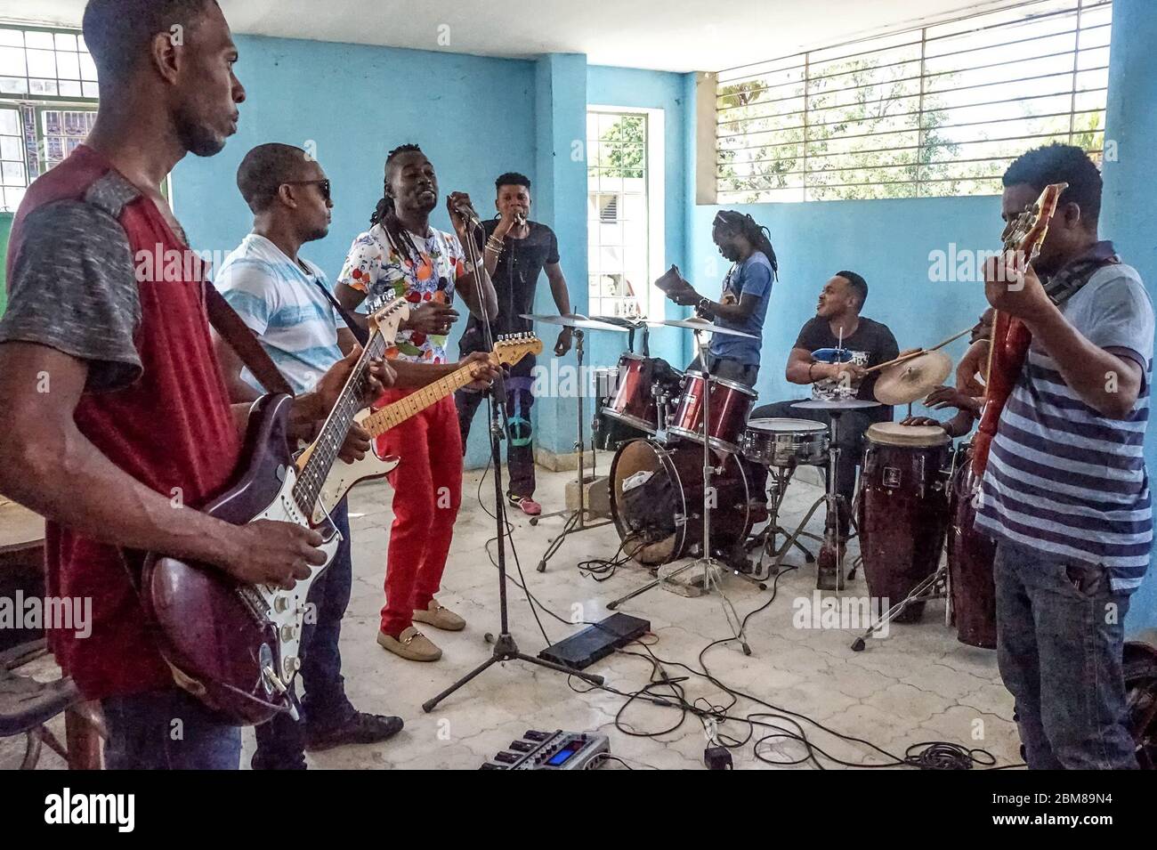 Fed Dessein, lead singer of the compas group Kool Jazz, rehearses with his band. (Anne Myriam Bolivar, GPJ Haiti) Stock Photo