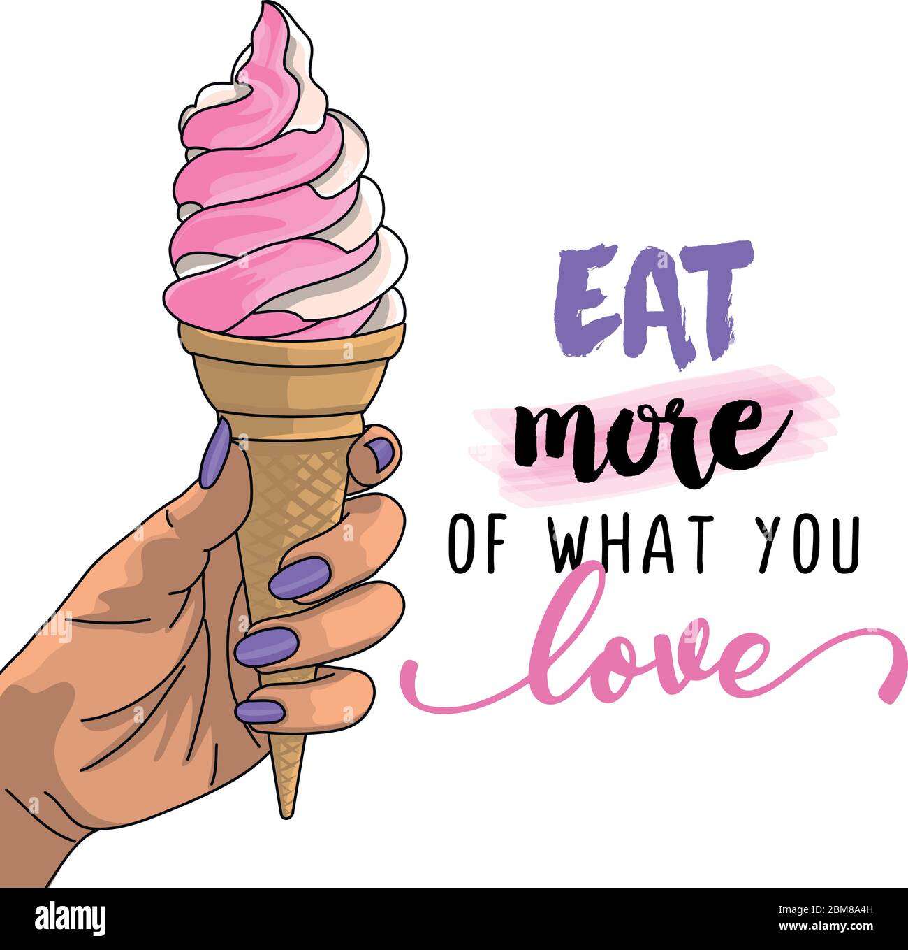 Eat more what you love - Hand holding strawberry and vanilla ice cream cone  on white background with lovely quote. Cute hand drawn ice cream in woman  Stock Vector Image & Art -